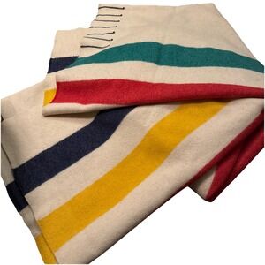 Vintage Hudson Bay 8 Point Wool Blanket Gold Tag King Striped 97" x 93" - Stains